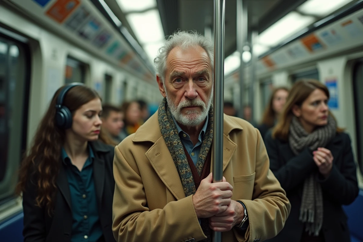 Homme âgé dans le métro regardant les passagers