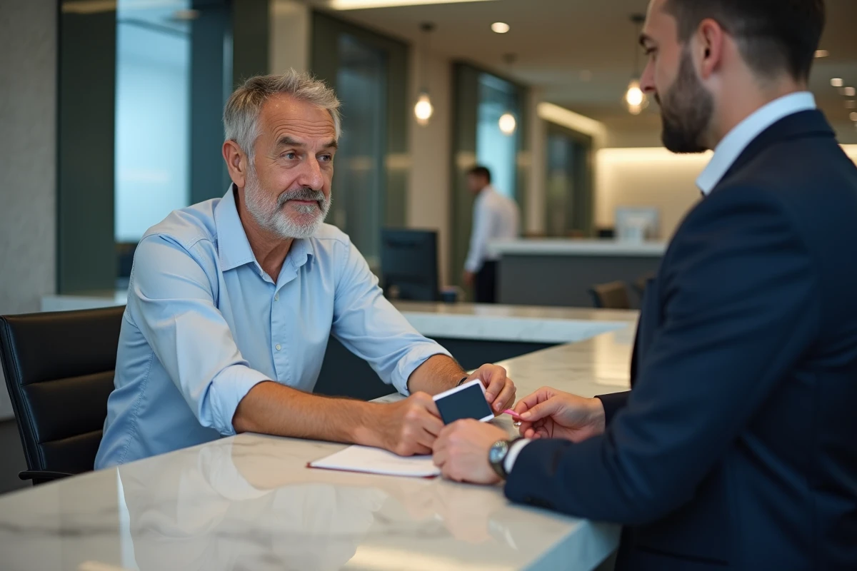 Homme d affaires remettant un RIB à un conseiller bancaire