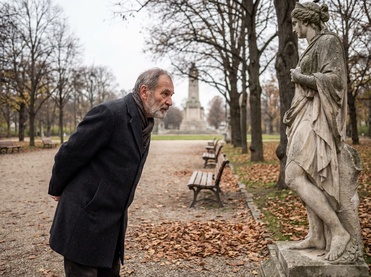 Homme observant une statue dans un parc urbain
