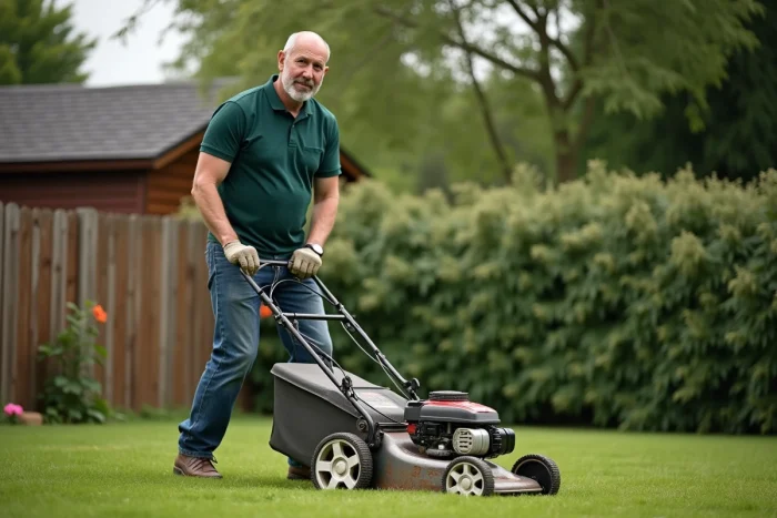 Homme d'âge moyen manipulant une tondeuse à gazon dans le jardin