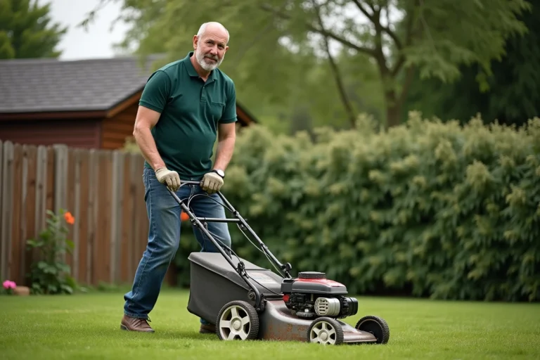 Homme d'âge moyen manipulant une tondeuse à gazon dans le jardin