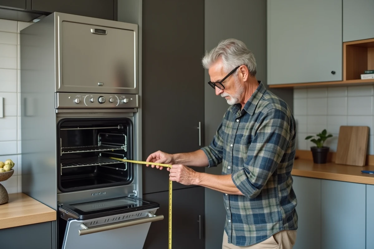 Homme mesurant espace entre appareils dans cuisine compacte