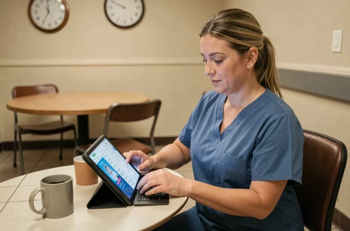 Infirmière connectée à son espace Axisanté 5 sur une tablette dans la salle de pause d'un établissement de santé