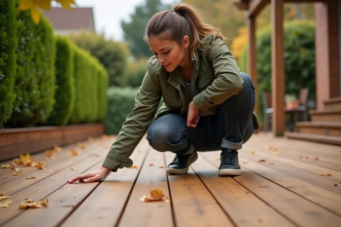 Femme inspectant l'état d'une terrasse en bois traité avec un revêtement imperméabilisant, accroupie sur un deck en bois entouré d'un jardin en automne