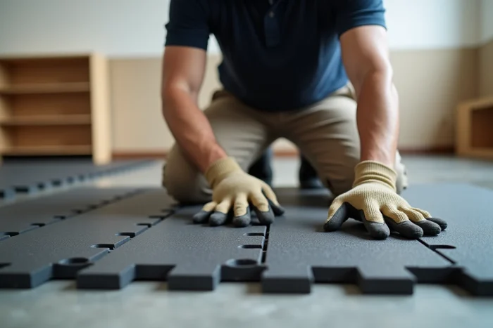 Pose de dalles de caoutchouc recyclé par un professionnel dans une salle de jeux intérieure
