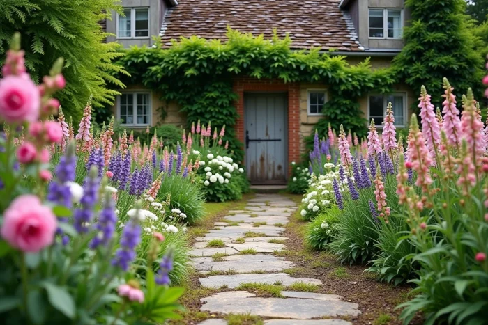 Allée en pierres bordée de roses grimpantes et de lavande menant à une maison de campagne en pierre couverte de lierre dans un jardin bucolique