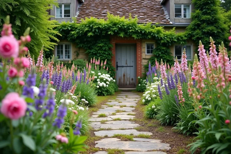 Allée en pierres bordée de roses grimpantes et de lavande menant à une maison de campagne en pierre couverte de lierre dans un jardin bucolique