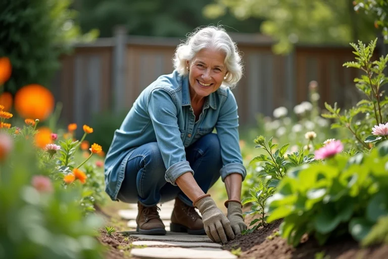 Femme senior souriante dans son jardin en pleine nature