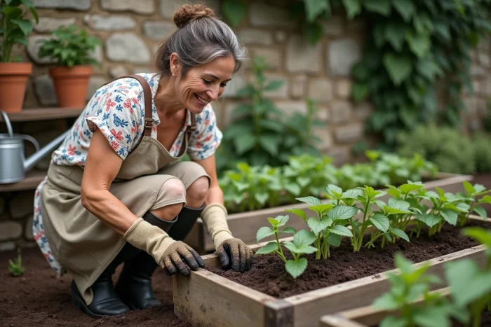 Femme jardiniére plantant des semis dans un potager surélevé en bois contre un vieux mur de pierre dans un jardin de campagne