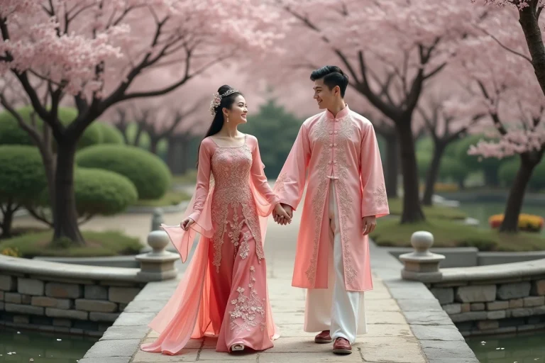 Jeune couple asiatique en mariage traditionnel dans un jardin