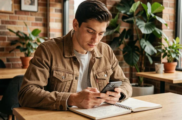 Jeune entrepreneur prenant des notes sur les tendances business de 2024 dans un espace de coworking moderne