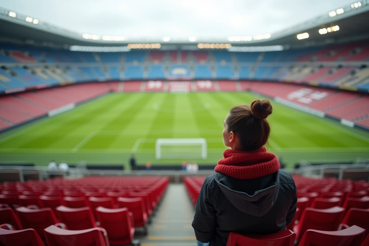 Jeune fan de football assise dans les gradins regardant le terrain