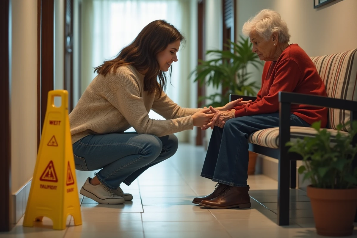 Jeune femme aidant une dame âgée dans un couloir d