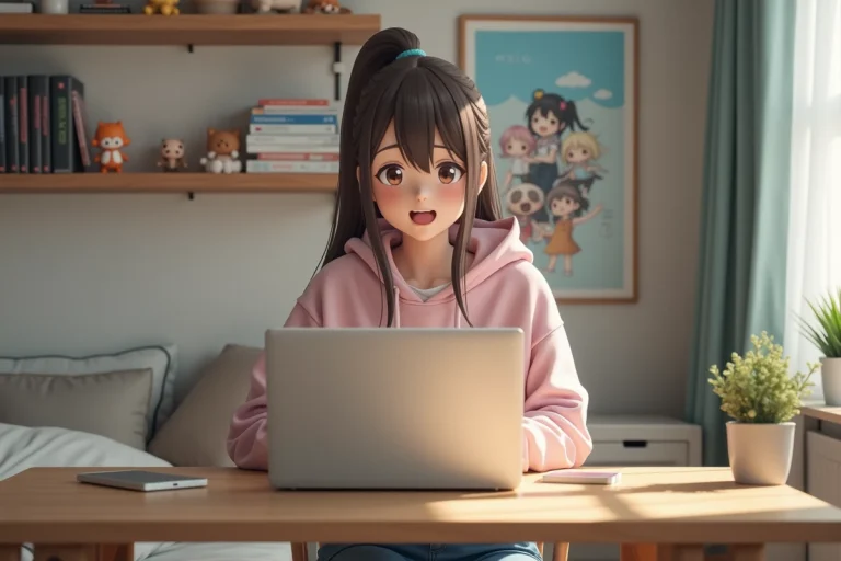 Jeune femme souriante devant son ordinateur dans une chambre anime