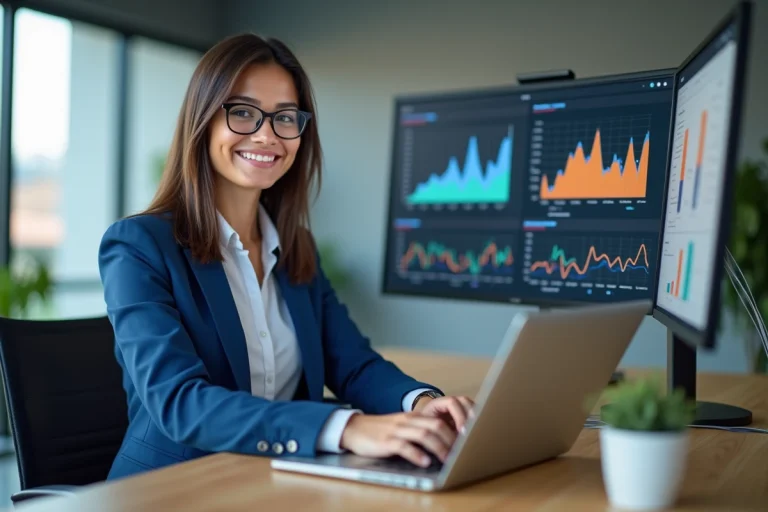 Jeune femme en blazer bleu travaillant sur son ordinateur dans un bureau moderne