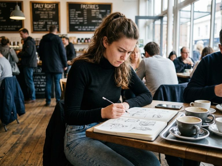 Jeune femme en café en train de dessiner avec un carnet