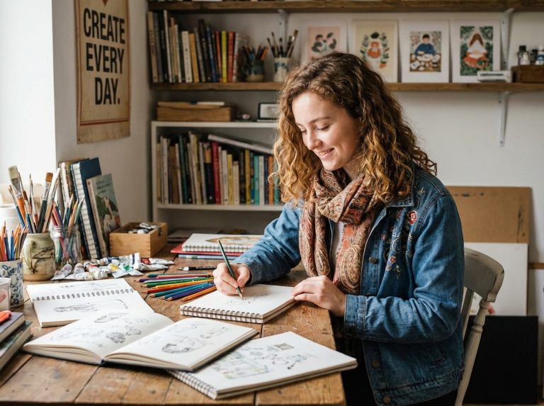 Jeune femme en studio créatif en train de dessiner