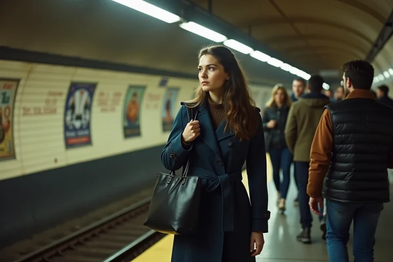 Jeune femme dans le métro de Paris portant trench et sac