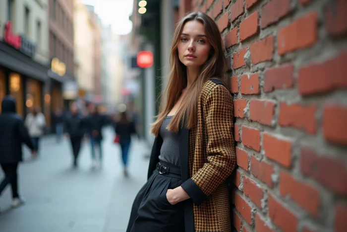 Jeune femme mode urbaine en blazer à motifs