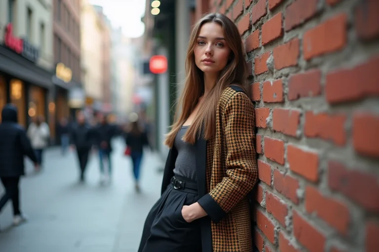 Jeune femme mode urbaine en blazer à motifs