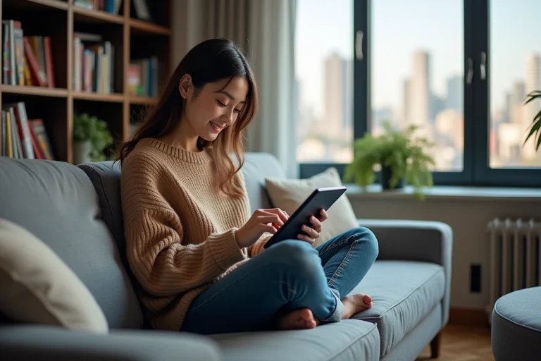 Jeune femme lisant manga sur tablette dans son salon