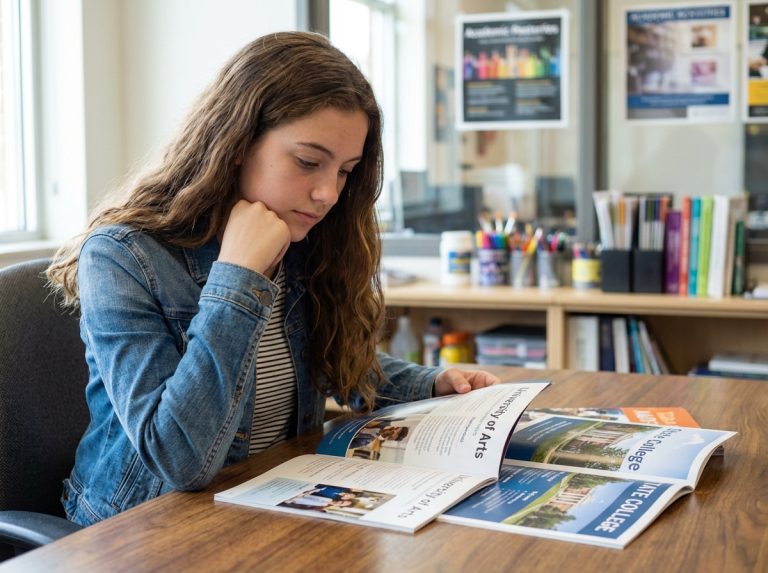 Jeune fille réfléchissant à son avenir scolaire avec brochures