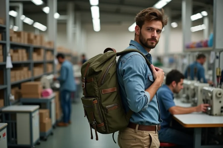 Jeune homme ajustant un sac à dos dans un atelier textile