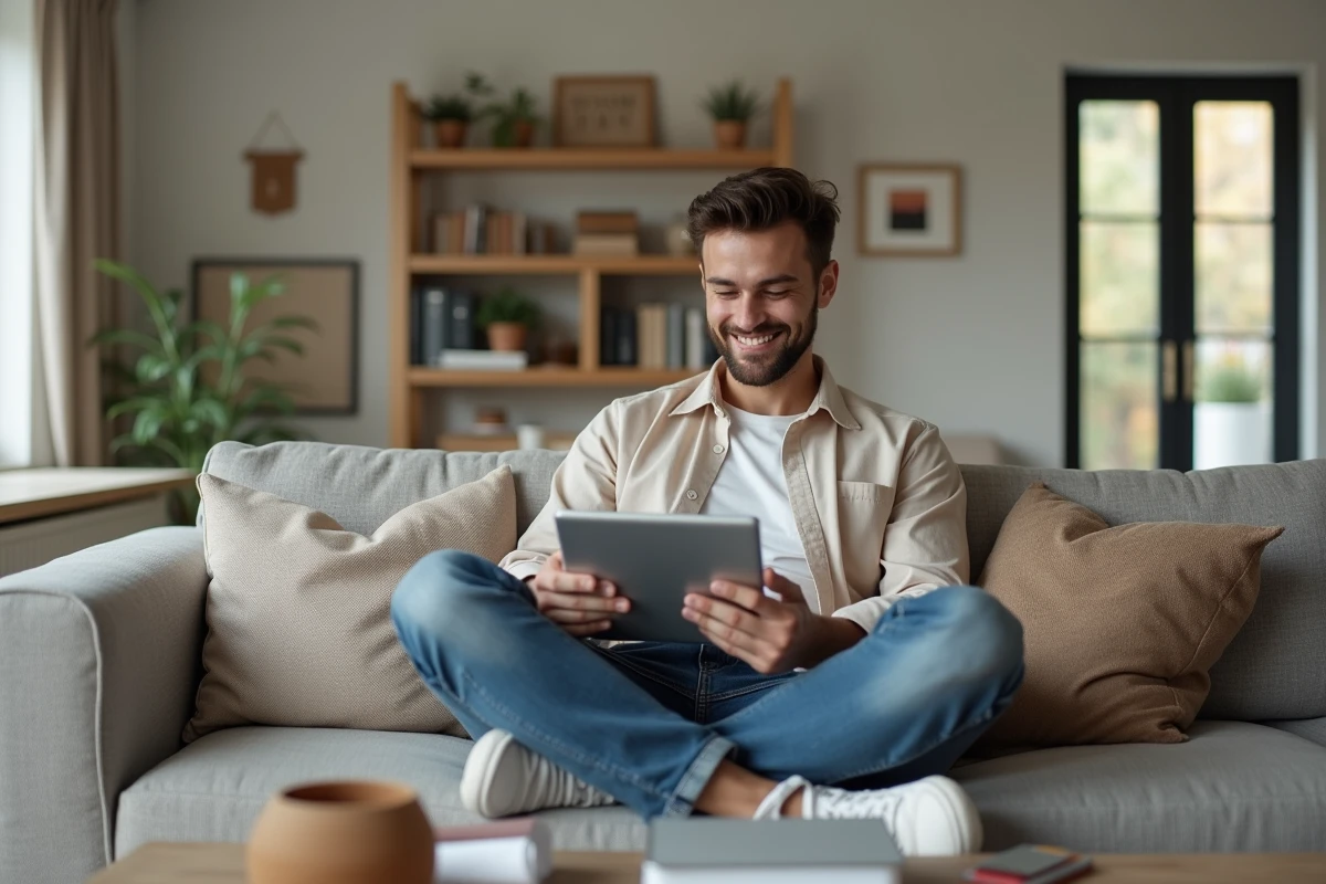 Jeune homme souriant utilisant une tablette dans un salon cosy