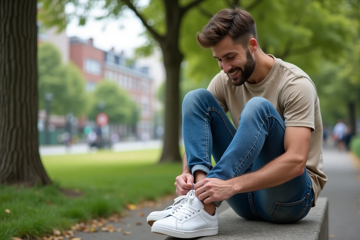 Jeune homme en ville ajuste ses chaussures dans un parc