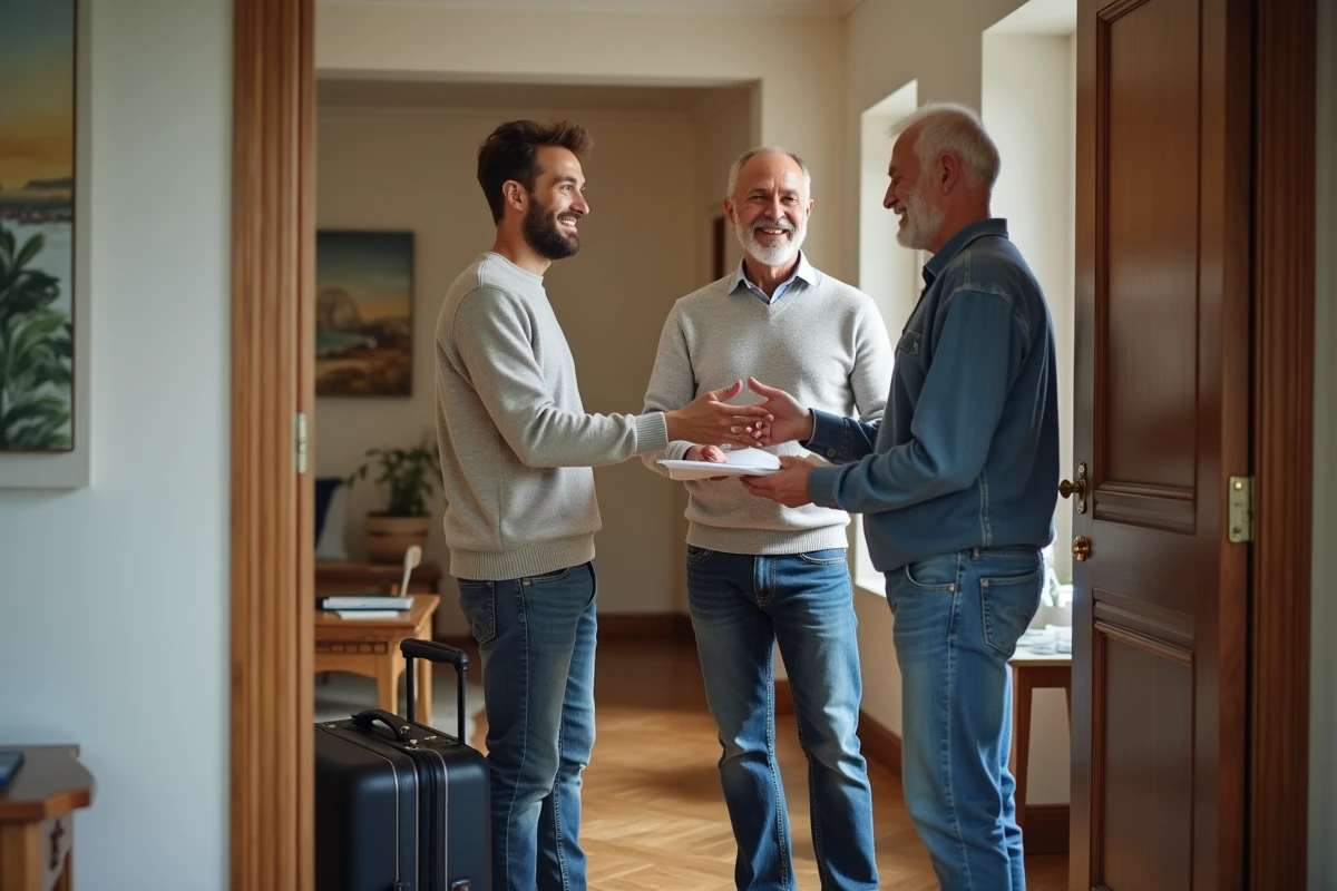 Jeune homme remettant une enveloppe au propriétaire dans un logement