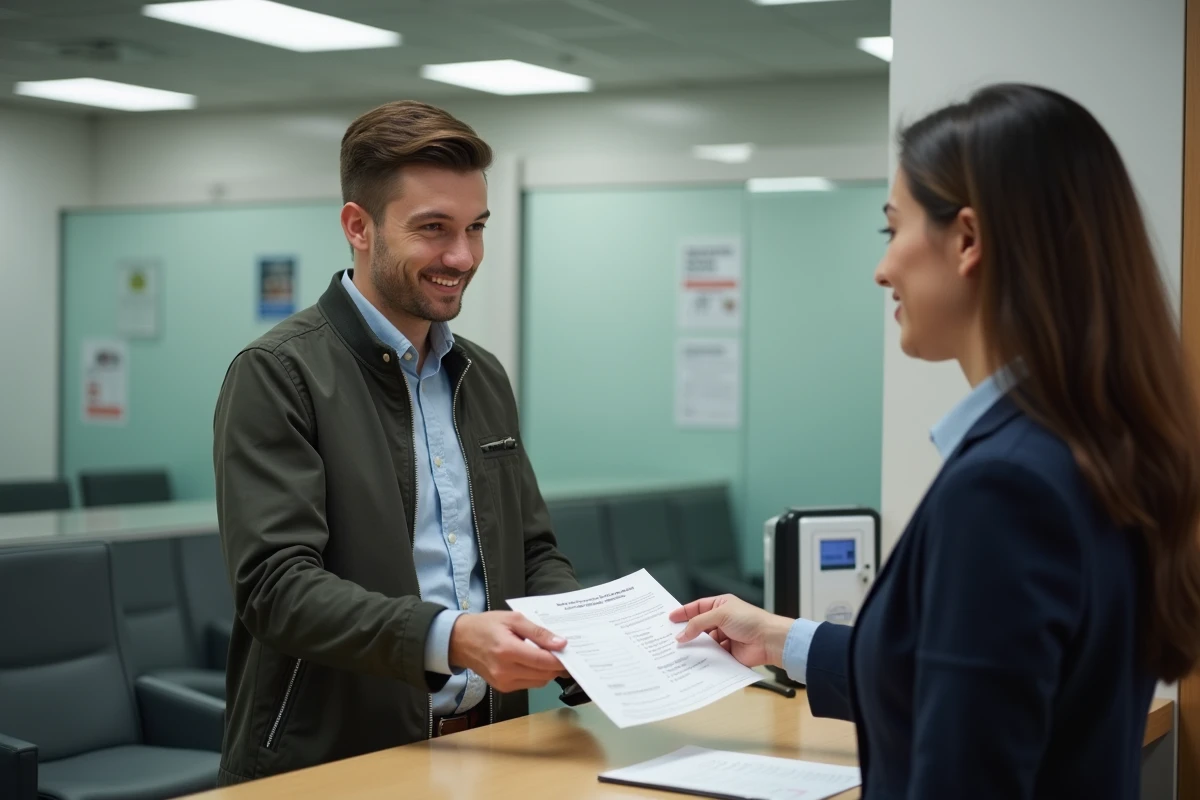 Jeune homme remettant un formulaire au bureau