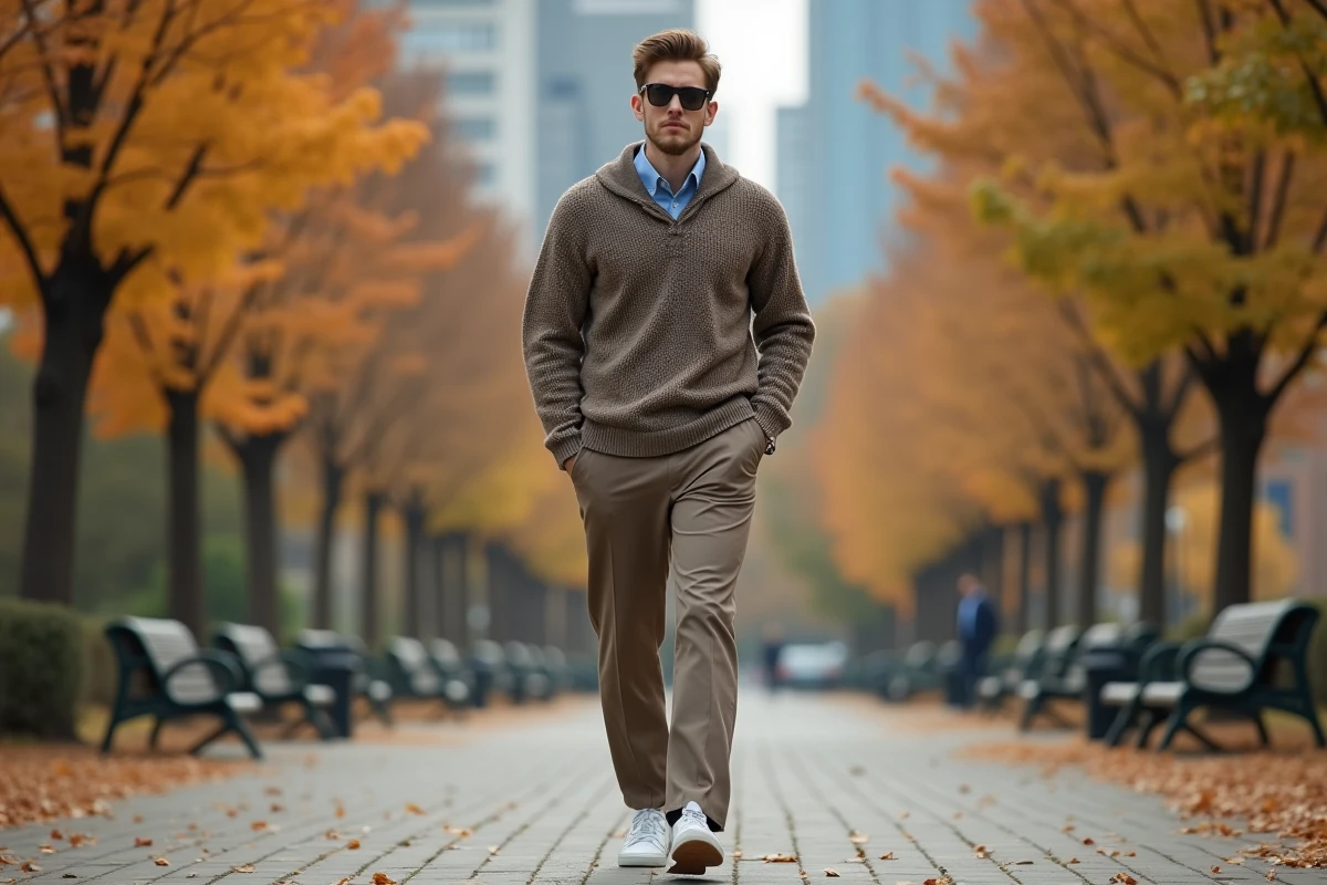 Jeune homme mode en parc automnal en mouvement