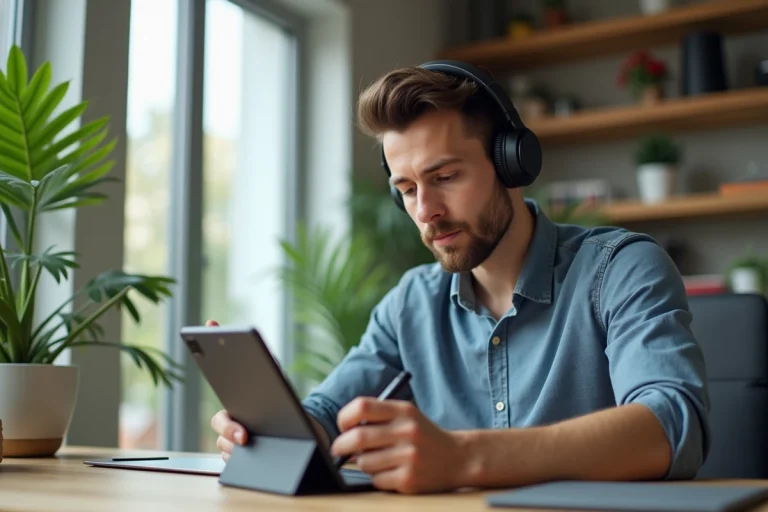 Jeune homme utilisant un smartphone pliable dans un bureau moderne