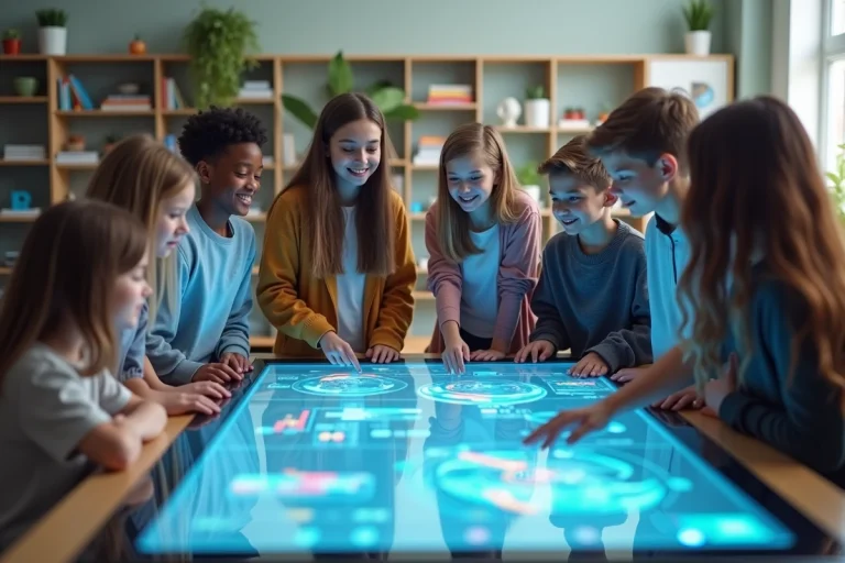Jeunes collégiens autour d'une table interactive en classe moderne