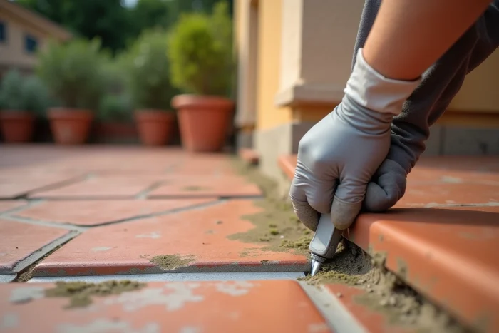 Gros plan sur l'application d'un joint d'étanchéité polyuréthane à l'angle d'une terrasse en carrelage terre cuite avec une main gantée tenant un pistolet à calfeutrer