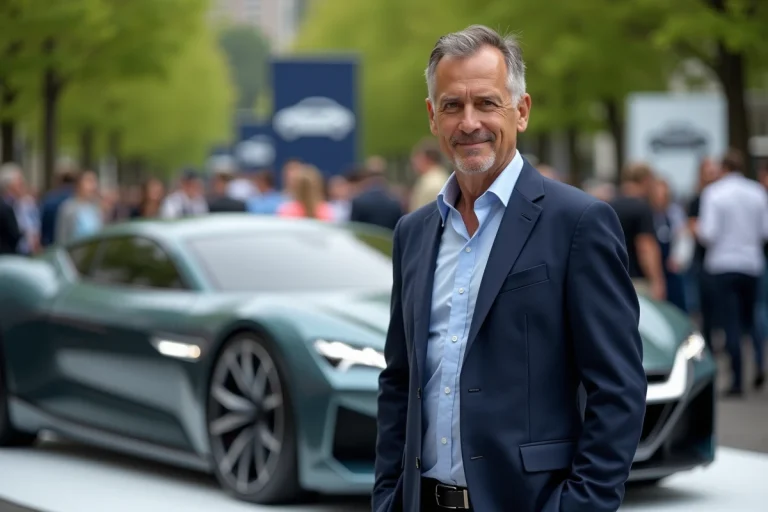 Journaliste automobile devant une voiture concept lors d'un salon auto