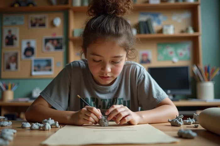 Adolescente sculptant des figurines en argile polymère sur son bureau lors d'une séance de loisirs créatifs dans sa chambre