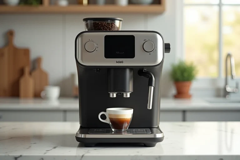 Machine à café à grains Krups EA815070 sur plan de travail en marbre blanc avec tasse d'espresso et crema dorée
