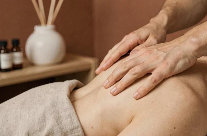 Gros plan sur des mains de thérapeute effectuant un massage suédois en douceur sur le dos d'une personne