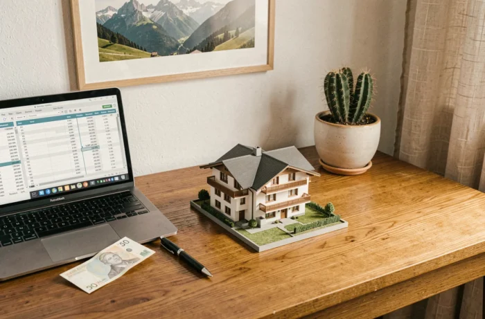 Maquette immobilière suisse sur un bureau avec ordinateur portable et documents d'investissement