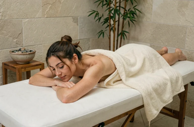 Femme allongée sur une table de massage dans un spa zen et minimaliste pour une relaxation en douceur