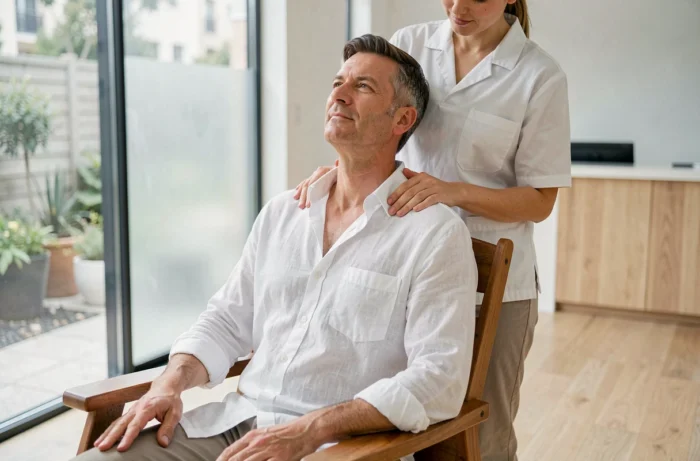 Homme recevant un massage doux des épaules et de la nuque dans un studio de bien-être moderne et lumineux