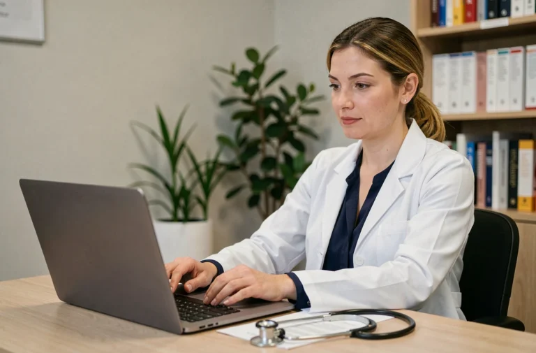 Médecin généraliste connectée à son espace Axisanté 5 sur un ordinateur portable dans un cabinet médical moderne