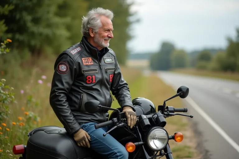 Motard avec veste patchée 81 en campagne française