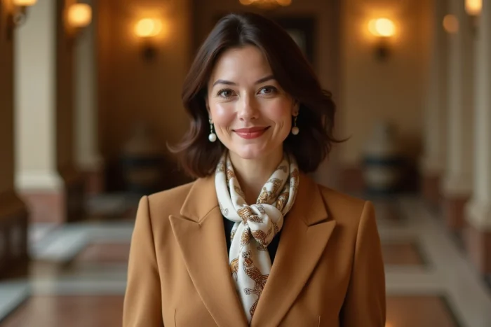 Femme glissant un foulard gavroche Hermès en nœud ascot dans une encolure en V de blazer camel