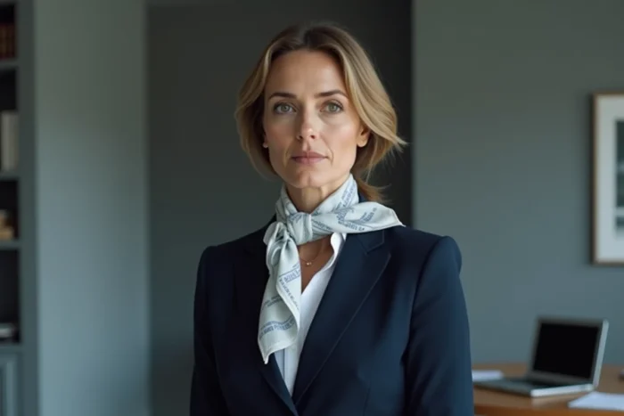 Femme portant un nœud latéral bas d'un foulard gavroche Hermès sur le col d'une chemise, en veste marine