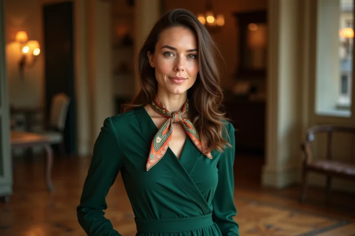 Petite femme portant un foulard gavroche Hermès en nœud croisé adapté à sa stature, dans une boutique parisienne