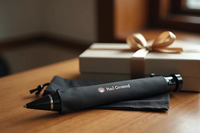 Gros plan sur des objets publicitaires d'entreprise haut de gamme incluant un stylo gravé, un parapluie personnalisé et une pochette en toile sur table en chêne