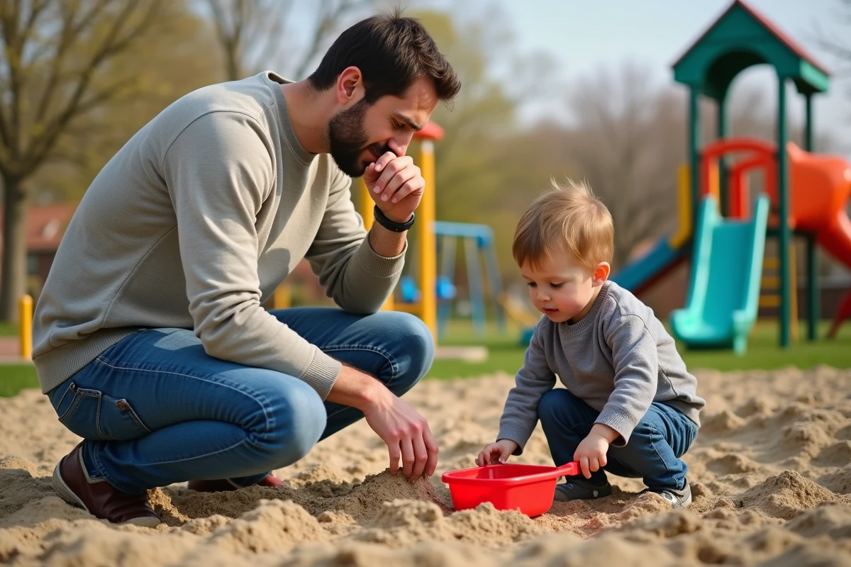 Père et fils jouant dans un bac à sable au parc
