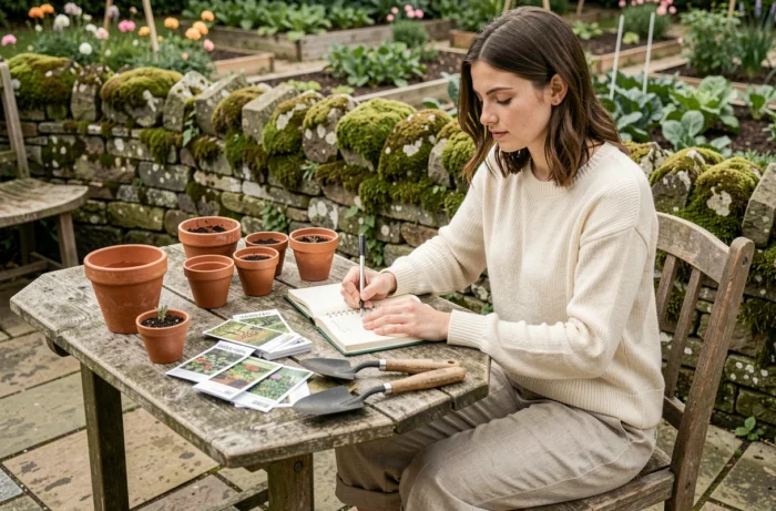 Jeune femme planifiant son potager dans un carnet de jardinage entourée de graines et d'outils sur une table en bois rustique